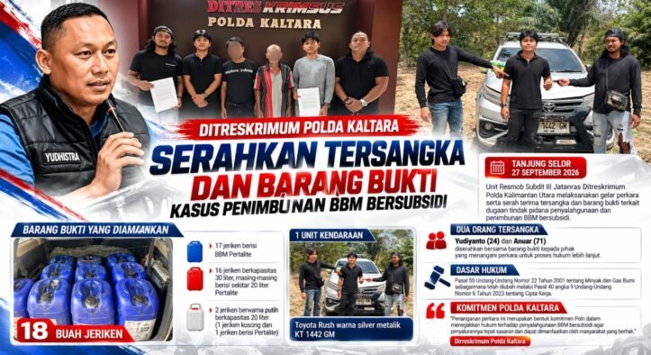 Unit Resmob Ditreskrimum Polda Kaltara Serahkan Tersangka dan Barang Bukti Kasus Penimbunan BBM Bersubsidi